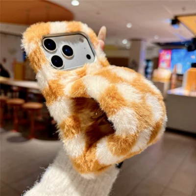 For iPhone 17 Pro Fluffy Phone Case Gird Winter Warm Hand Strap TPU Cover - White + Orange