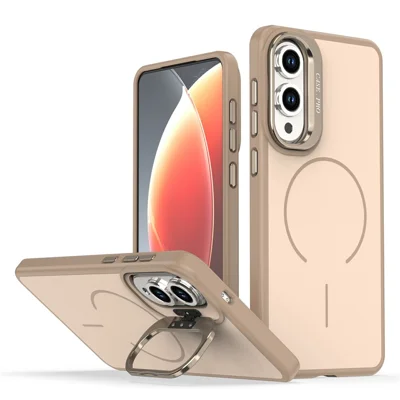 For Samsung Galaxy S25 Edge Case Skin-touch PC + TPU Magnetic Phone Cover with Lens Frame Kickstand - Desert Gold