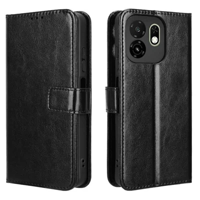 For itel A100C 4G PU Leather Case with Strap Crazy Horse Texture Phone Wallet Cover - Black