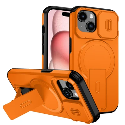 For iPhone 15 Case PC + TPU Kickstand Camera Slider Phone Cover Compatible with MagSafe - Orange