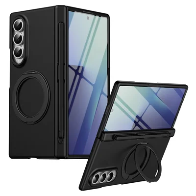 For Samsung Galaxy Z Fold4 5G Rotary Kickstand PC Phone Cover with Tempered Glass Film / Stylus - Black
