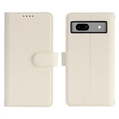 For Google Pixel 8a Stand Case Litchi Texture Genuine Cow Leather Wallet Phone Cover RFID Blocking - White