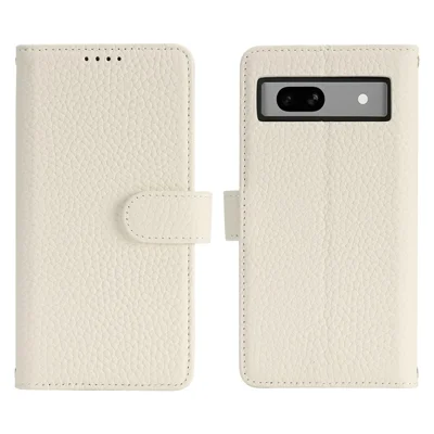 For Google Pixel 7a Stand Case Litchi Texture Genuine Cow Leather Wallet Phone Cover RFID Blocking - White