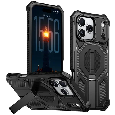 Compra em Massa para iPhone 17 Pro Kickstand Case Compatível com MagSafe à prova de quedas e poeira Capa de telefone PC + TPU - Preto