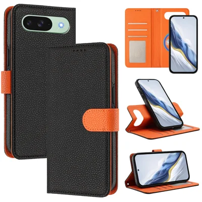 For Google Pixel 9 Pro XL Leather Magnetic Case Detachable Wallet Phone Cover with Hand Strap - Black / Orange