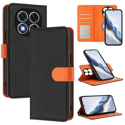For Xiaomi Redmi Note 14 Pro 5G Leather Magnetic Case Detachable Wallet Phone Cover with Hand Strap - Black / Orange