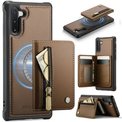 JEEHOOD For Samsung Galaxy Note 10 4G Case  J12 Magnetic Detachable Zipper Wallet Kickstand Leather Back Cover Magnetic Case - Brown
