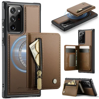 JEEHOOD For Samsung Galaxy Note20 Ultra Case  J12 Magnetic Detachable Zipper Wallet Kickstand Leather Back Cover Magnetic Case - Brown
