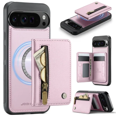 JEEHOOD For Google Pixel 10 Pro XL Case  J12 Magnetic Detachable Zipper Wallet Kickstand Leather Back Cover Magnetic Case - Pink
