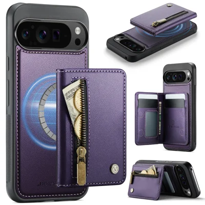 JEEHOOD For Google Pixel 9 Pro XL Case  J12 Magnetic Detachable Zipper Wallet Kickstand Leather Back Cover Magnetic Case - Purple