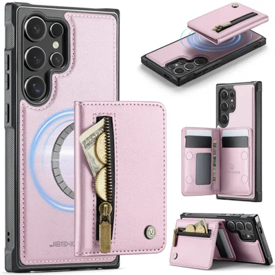 JEEHOOD For Samsung Galaxy S24 Ultra Case  J12 Magnetic Detachable Zipper Wallet Kickstand Leather Back Cover Magnetic Case - Pink