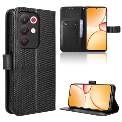 جراب وallet جلد لـ Realme 15x (الهند) 5G / Realme C85 5G مع حزام وتصميم مزخرف بالمعينات - أسود