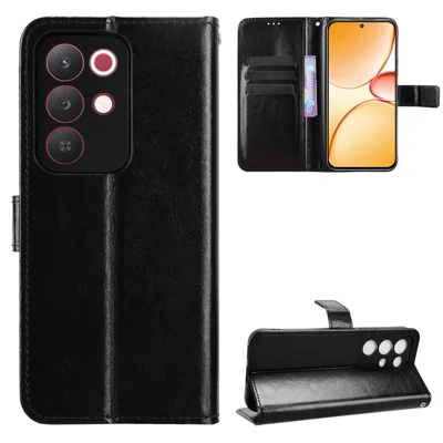 Obudowa z ekoskóry dla Realme 15x (Indie) 5G / Realme C85 5G z paskiem, tekstura Crazy Horse, etui portfelowe na telefon - Czarny