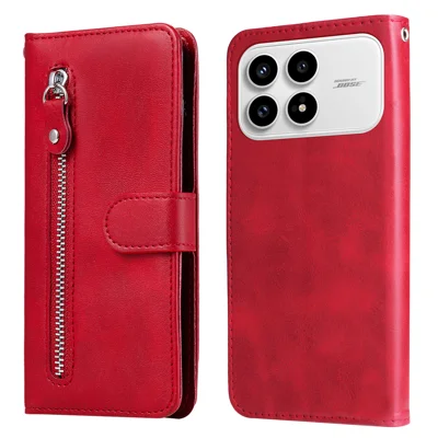 Futera skórzane z portfelem i kieszenią na zamek dla Xiaomi Redmi K90 5G / Poco F8 Pro z funkcją podpórki - Czerwony