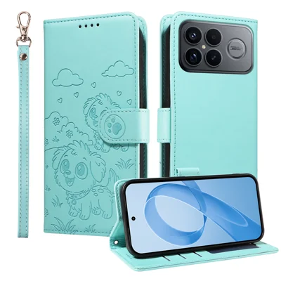 Voor Xiaomi Redmi K90 Pro Max 5G / Poco F8 Ultra Hoesje RFID-blokkering Ingedrukt Hondenpatroon PU Leer Telefoonhoesje met Polsbandje - Groen