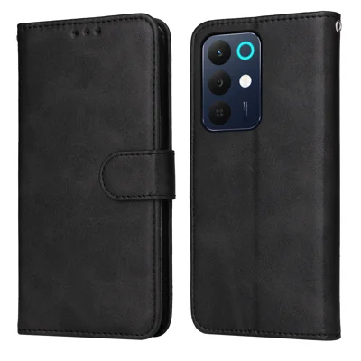 غطاء لهاتف Realme C85 5G من جلد البولي يوريثان المقاوم مع محفظة وغطاء قلّاب - أسود