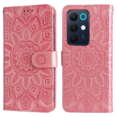 Obudowa do Realme C85 5G z nadrukiem słonecznika, skórzana etui portfelowa - różowa