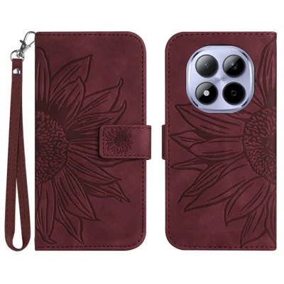 Voor Xiaomi Redmi Note 15 Pro 5G hoesje met zonnebloemprint Lederen portemonnee hoes met polsbandje - Wijnrood