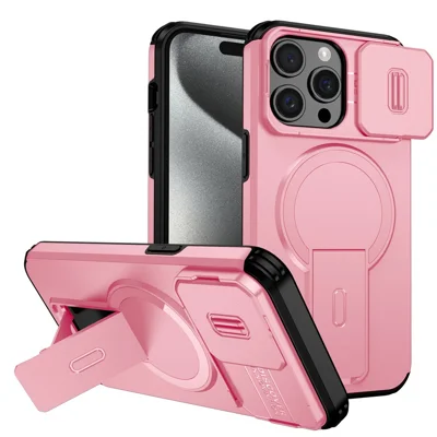 For iPhone 15 Pro Case Kickstand Camera Slider PC + TPU Phone Cover Compatible with MagSafe - Pink