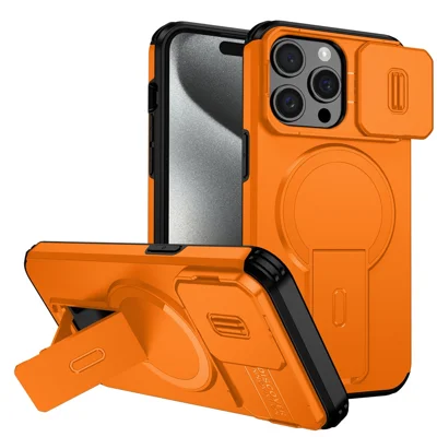 For iPhone 15 Pro Max Case Kickstand Camera Slider PC + TPU Phone Cover Compatible with MagSafe - Orange