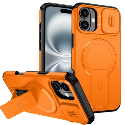 For iPhone 16 Plus Case Kickstand Camera Slider PC + TPU Phone Cover Compatible with MagSafe - Orange