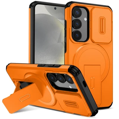 For Samsung Galaxy S25 / S24 Case Kickstand Camera Slider PC + TPU Phone Cover Magnetic Case - Orange