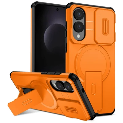 Voor Samsung Galaxy S25 Edge Magnetische Case Met Steunpootje En Schuifbare Cameraflip PC + TPU Telefoonhoes - Oranje