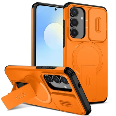 For Samsung Galaxy S26 FE / S25 FE Case Kickstand Camera Slider PC + TPU Phone Cover Magnetic Case - Orange