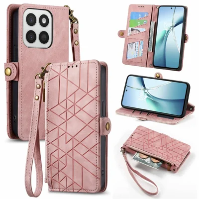 Phone Case For Honor 400 Smart 5G  /  400 Smart 4G  /  X7d 4G  /  X7d 5G Zipper Wallet Geometry Lines Leather Phone Cover with Strap - Pink