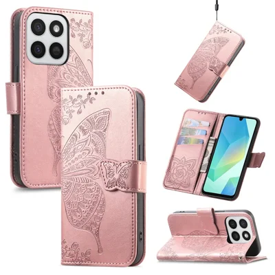 Phone Case for Honor 400 Smart 5G  /  400 Smart 4G  /  X7d 4G  /  X7d 5G with Strap Butterfly Pattern PU Leather Wallet Phone Cover - Rose Gold