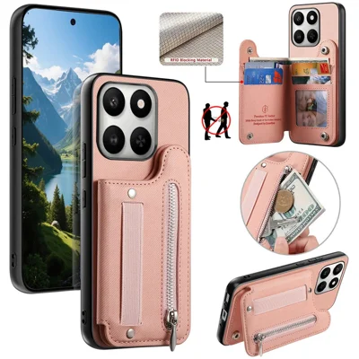 Phone Case for Honor 400 Smart 5G  /  400 Smart 4G  /  X7d 4G  /  X7d 5G RFID Blocking Card Holder Jeans Cloth Texture Leather Back Cover with Elastic Wristband - Pink