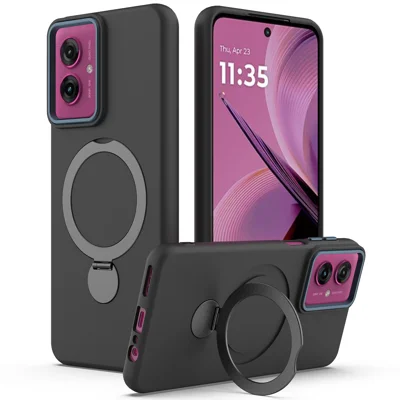 For Motorola Moto G55 5G Magnetic Case Rotating Ring Kickstand TPU + PC Back Cover - Black