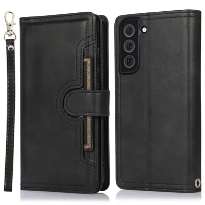 For Samsung Galaxy S23 Split Leather Magnetic Flip Protective Case Stand Multiple Card Slots Wallet Phone Cover with Hand Strap - Black