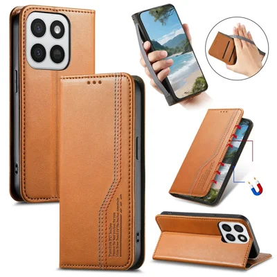 Phone Case For Honor 400 Smart 5G / 400 Smart 4G / X7d 4G / X7d 5G Wallet Tri-Color Stitching Leather Phone Cover with Elastic Wristband - Brown