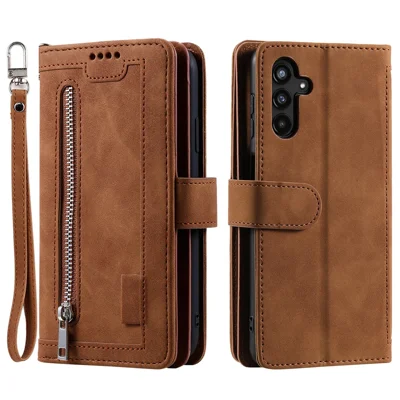 For Samsung Galaxy A27 5G Case 9 Card Slots Zipper Wallet PU Leather Phone Cover with Wrist Strap - Brown