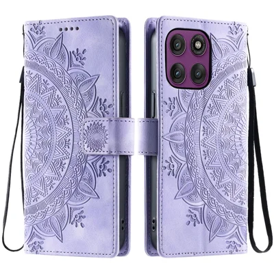 Capa para Motorola Edge 70 5G com Carteira de Couro com Textura de Totem e Toque Suave com Alça de Mão - Roxo