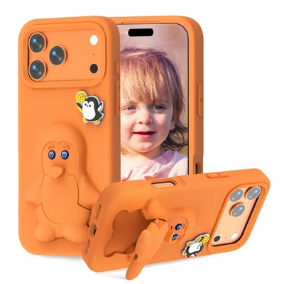 For iPhone 17 Pro Case Pingvin Design med Stand Shockabsorberende EVA Telefonbeskyttelse - Orange