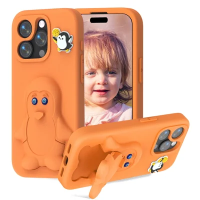 For iPhone 15 Pro Max Case Penguin Design Kickstand Shockproof EVA Phone Cover - Orange
