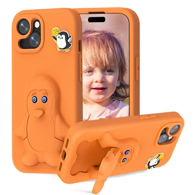 For iPhone 14  /  13 Case Penguin Design Kickstand Shockproof EVA Phone Cover - Orange