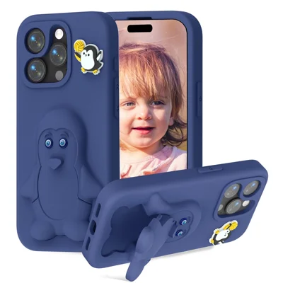 For iPhone 13 Pro Max Case Penguin Design Kickstand Shockproof EVA Phone Cover - Navy Blue