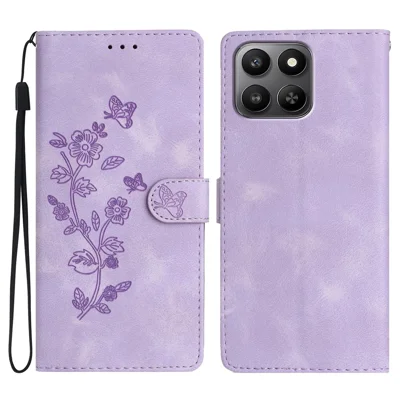 Leren hoesje voor Honor 400 Smart 5G / 4G / X7d 4G met ingeprinte bloemenmotief telefoonhoes met polsbandje - Paars