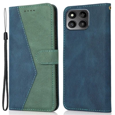 For Honor 400 Smart 5G  /  X7d 4G Case Color Splicing Wallet Stand Leather Phone Cover with Wrist Strap - Blue  /  Green