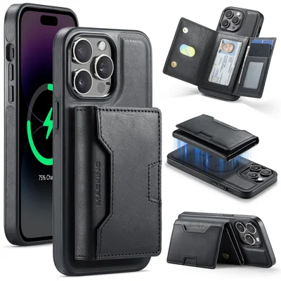 MAGKING K4 Series For iPhone 14 Pro Case Compatible with MagSafe Detachable Wallet PU TPU PC Phone Cover  - Black