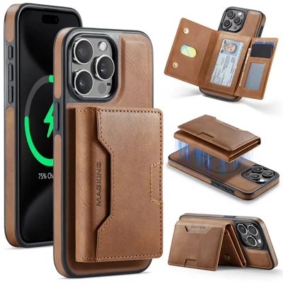 MAGKING Série K4 para Capa iPhone 15 Pro Compatível com MagSafe Carteira Amovível Capa para Telemóvel em PU TPU PC - Castanho
