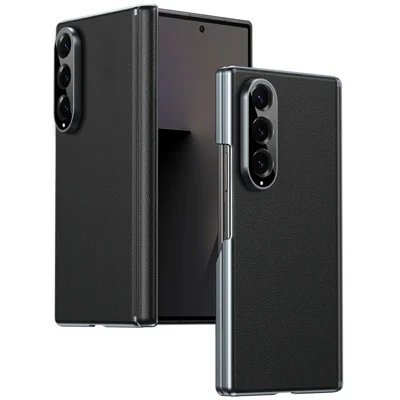 For Samsung Galaxy Z Fold4 5G Case Dual-Axis Hinge PU Leather Hard PC Folding Phone Cover - Black