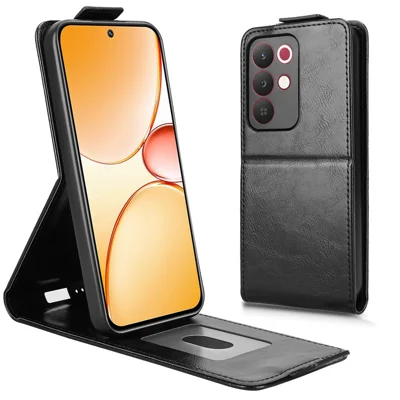 Futera na telefon z uchwytem dla Realme C85 5G / 15x (Indie) 5G, pionowa futera z magnesem, skórzana obudowa z uchwytem na kartę - Czarny