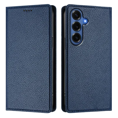 Funda de Cartera para Samsung Galaxy S26+ Bloqueo RFID Textura de Litchi Cubierta Móvil de Cuero - Azul Oscuro