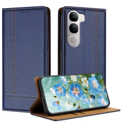 For vivo Y31 5G Case L-Shaped Grid Pattern Leather Stand Phone Cover with Card Slots - Blue