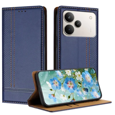 For Realme P4 Pro 5G Case L-Shaped Grid Pattern Leather Stand Phone Cover with Card Slots - Blue