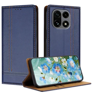 For OnePlus 15 5G Case L-Shaped Grid Pattern Leather Stand Phone Cover with Card Slots - Blue